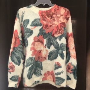 Sezane white cashmere sweater with pink roses